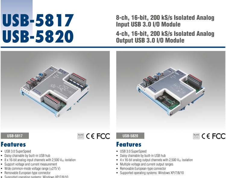 研華USB-5820 4通道，16位，200 kS / s隔離模擬輸出USB 3.0 I/O模塊