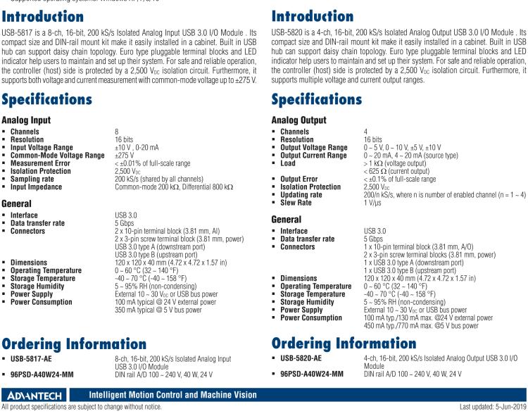 研華USB-5820 4通道，16位，200 kS / s隔離模擬輸出USB 3.0 I/O模塊
