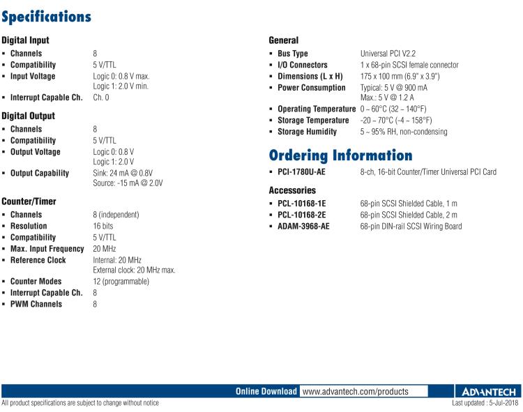 研華PCI-1780U 8通道計數(shù)/計時卡，支持TTL DIO