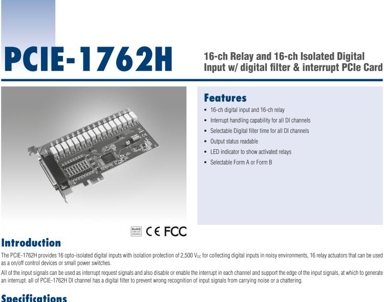 研華PCIE-1762H 16 通道繼電器和 16 通道隔離數(shù)字輸入，帶數(shù)字濾波器和中斷 PCIe 卡