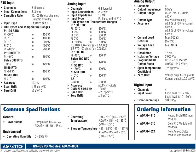 研華ADAM-4115-B ADAM-4115 6 通道 RTD 輸入模塊可接受多種 RTD 傳感器類型，包括 Pt100、Pt1000、Ni50、Ni508 和 Balco 500 系列