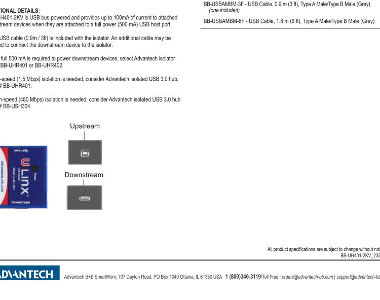 研華BB-UH401-2KV USB 2.0 2 kV隔離器，1端口，12 Mbps全速