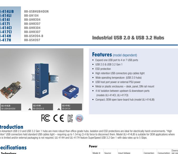 研華BB-USBHUB4OEM ULI-414LIB-工業(yè)USB 2.0集線器，4端口，高穩(wěn)固力連接器