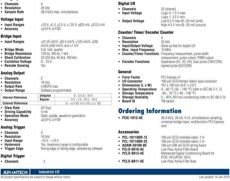 研華PCIE-1813 38.4 kS / s，26位，4通道同時采樣，通用電橋輸入，多功能PCI Express卡