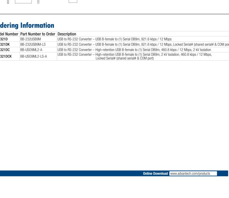 研華BB-232USB9M-LS ULI-321DK USB 2.0到RS-232轉(zhuǎn)換器，DB9公頭 端口號鎖定
