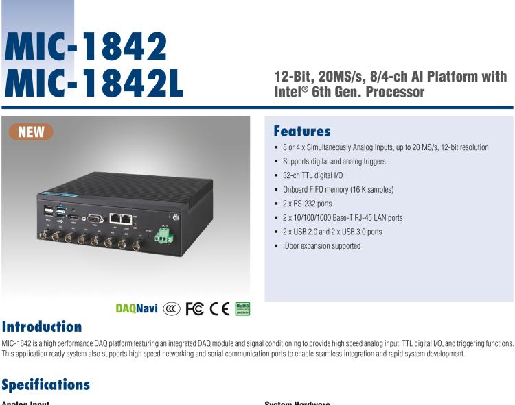 研華MIC-1842 12 位、20MS/s、8/4 通道 AI 平臺，采用英特爾?酷睿? i5/賽揚?處理器