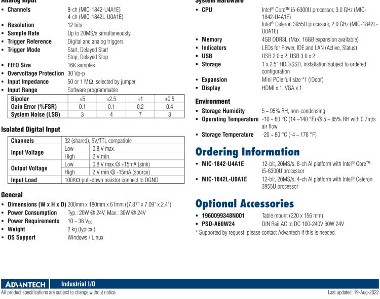 研華MIC-1842 12 位、20MS/s、8/4 通道 AI 平臺，采用英特爾?酷睿? i5/賽揚?處理器