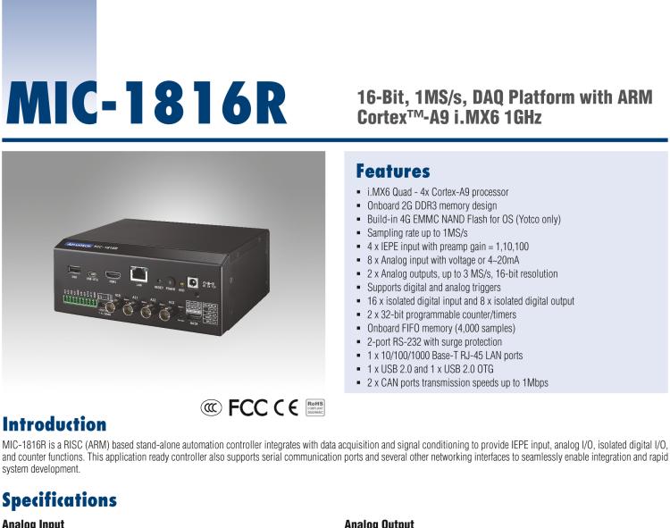 研華MIC-1816R 帶有ARM Cortex?-A9 i.MX6 1GHz的16位，1MS/s DAQ平臺