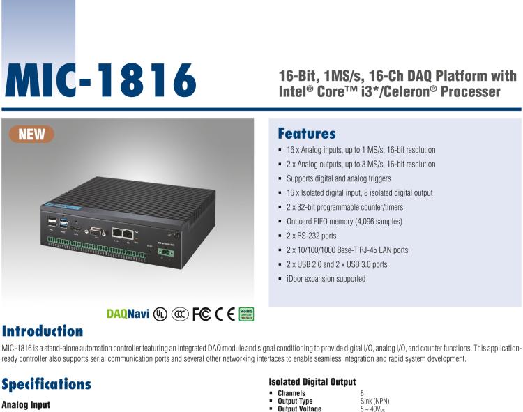 研華MIC-1816 具有Core?i3 /Celeron?處理器的16位，1 MS / s，16通道DAQ平臺