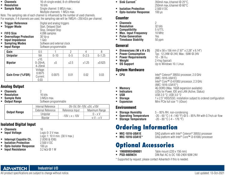 研華MIC-1816 具有Core?i3 /Celeron?處理器的16位，1 MS / s，16通道DAQ平臺