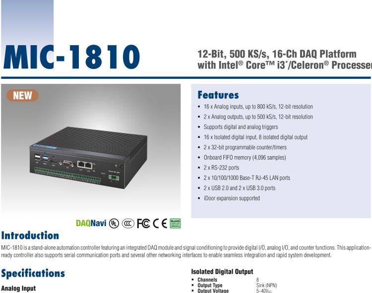 研華MIC-1810 帶有Core?i3 /Celeron?處理器的12位，500 KS / s，16通道DAQ平臺