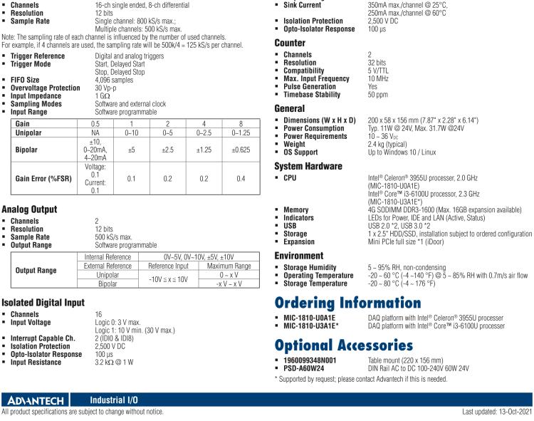 研華MIC-1810 帶有Core?i3 /Celeron?處理器的12位，500 KS / s，16通道DAQ平臺