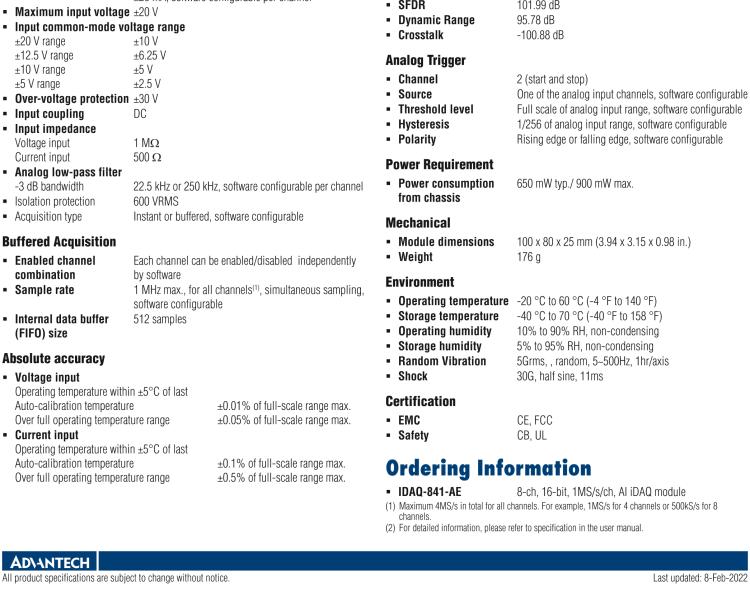 研華iDAQ-841 8通道同步采樣高達1 MS / s，16位分辨率模擬輸入 iDAQ 模塊