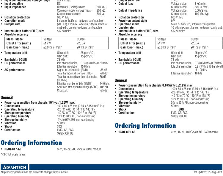 研華iDAQ-821 10kS/s、16 位、4 通道 模擬 輸出 iDAQ 模塊