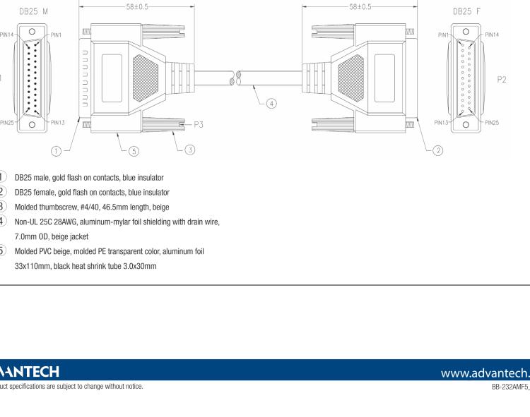 研華BB-232AMF5 Serial Cable, DB25 M to DB25 F, 1.8 m / 6 ft