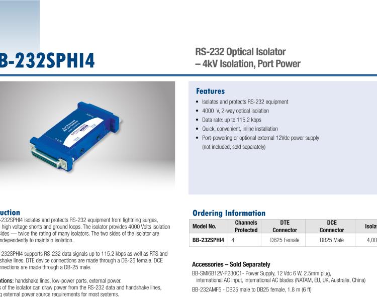 研華BB-232SPHI4 串口中繼器，RS-232 DB25，4 kV隔離，端口供電