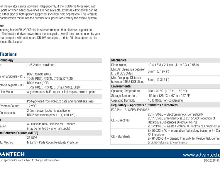 研華BB-232SPHI4 串口中繼器，RS-232 DB25，4 kV隔離，端口供電