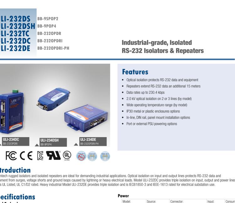 研華BB-9SPOP2 ULI-232DS 9針RS-232隔離器，DB9公頭至DB9母頭，端口供電