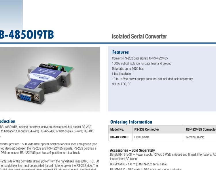 研華BB-485OI9TB 串口轉(zhuǎn)換器，RS-233 DB9母頭至RS-422/485 TB
