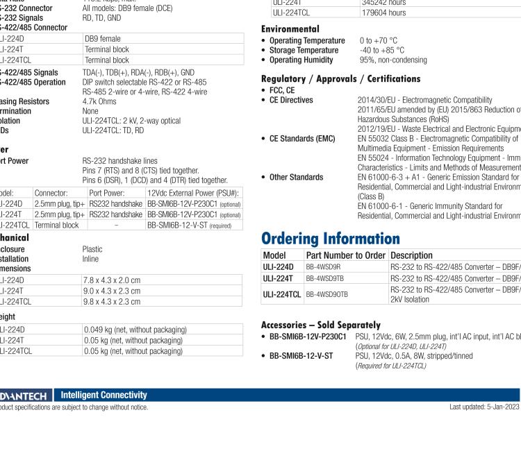 研華BB-4WSD9R ULI-224D RS-232至RS-422/485（2線/4線）轉(zhuǎn)換器，DB9母頭