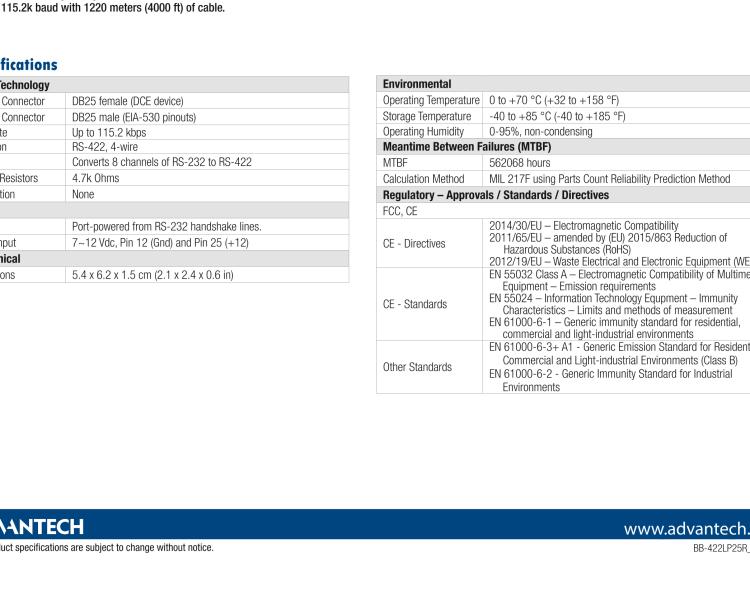 研華BB-422LP25R 串口轉(zhuǎn)換器，RS-232 DB-25 F至RS-422 DB25 M，端口供電
