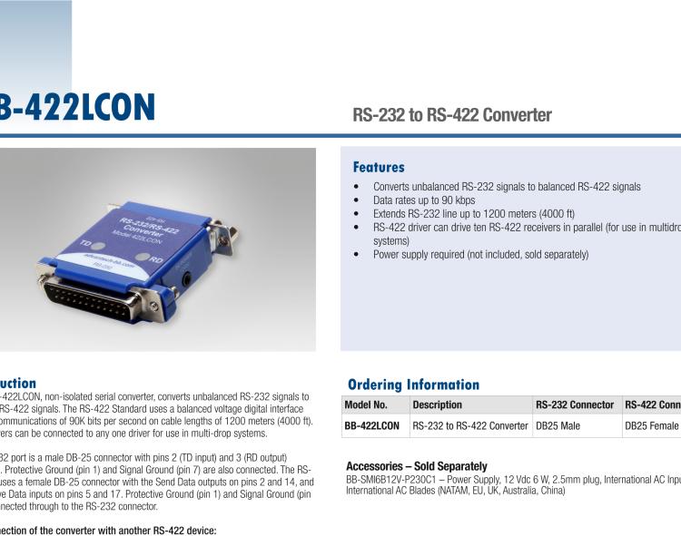 研華BB-422LCON 串口轉(zhuǎn)換器，RS-232 DB-25 M至RS-422 DB25 F