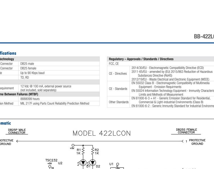 研華BB-422LCON 串口轉(zhuǎn)換器，RS-232 DB-25 M至RS-422 DB25 F
