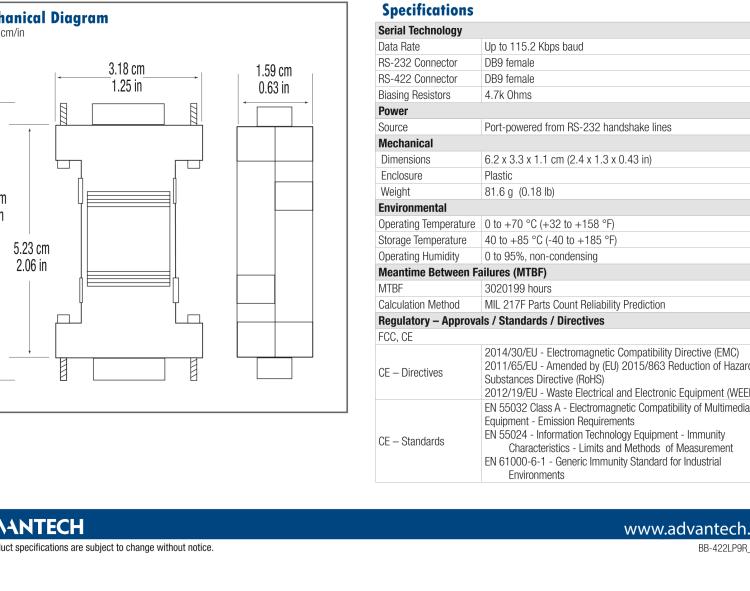 研華BB-422LP9R 串口轉換器，RS-232 DB9 F至RS-422 DB9 F，端口供電