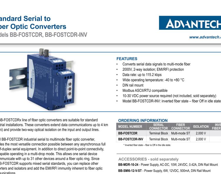 研華BB-FOSTCDR-INV 串口轉(zhuǎn)換器，RS-232/422/485 TB至MM光纖ST（反向），工業(yè)DIN