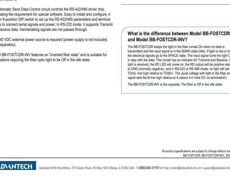 研華BB-FOSTCDR-INV 串口轉(zhuǎn)換器，RS-232/422/485 TB至MM光纖ST（反向），工業(yè)DIN