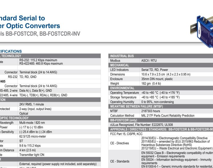 研華BB-FOSTCDR-INV 串口轉(zhuǎn)換器，RS-232/422/485 TB至MM光纖ST（反向），工業(yè)DIN