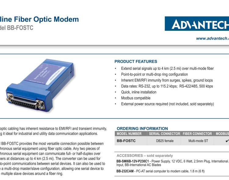 研華BB-FOSTC 串口轉換器，RS-232調制解調器DB25 F到MM光纖ST