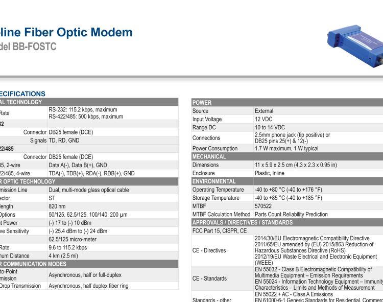 研華BB-FOSTC 串口轉換器，RS-232調制解調器DB25 F到MM光纖ST