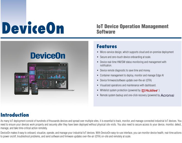 研華DeviceOn DeviceOn.DM是IoT設(shè)備管理，可遠(yuǎn)程管理連接的設(shè)備并提供集中式管理功能。